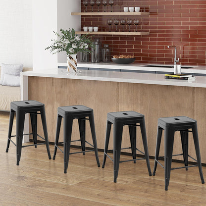 24-Inch Black Metal Bar Stools for Kitchen Island - Set of 4 Stackable Backless Counter Height Chairs for Indoor and Outdoor Use