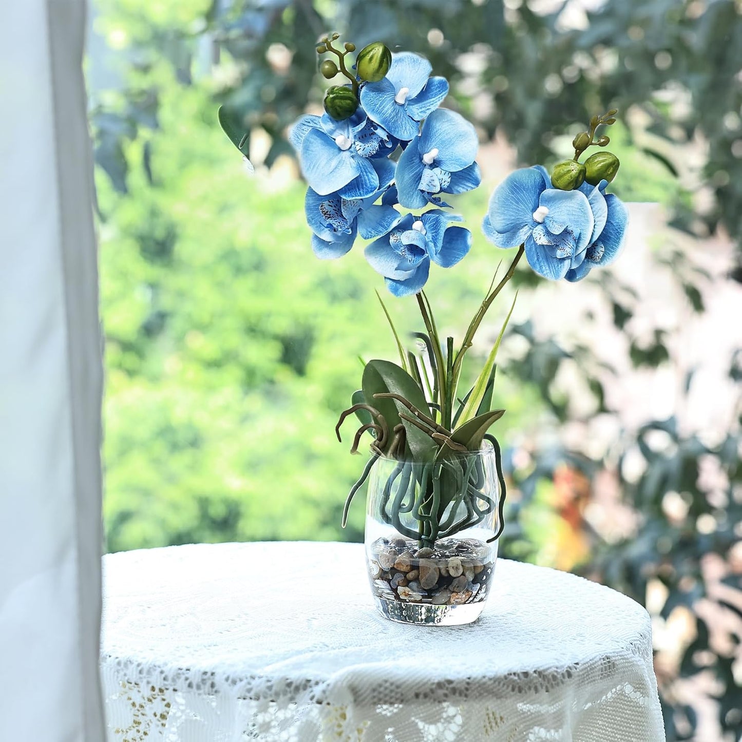 14.5-Inch Glass Vase with Artificial Phalaenopsis Orchid for Home and Office Décor, Table Centerpiece and Room Decoration (Blue Orchid)