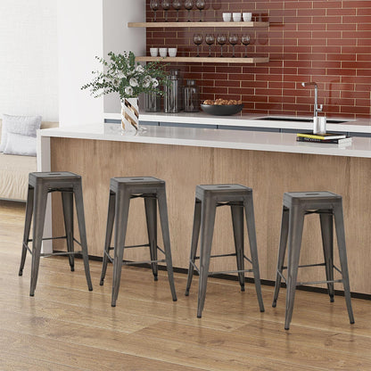 24-Inch Black Metal Bar Stools for Kitchen Island - Set of 4 Stackable Backless Counter Height Chairs for Indoor and Outdoor Use