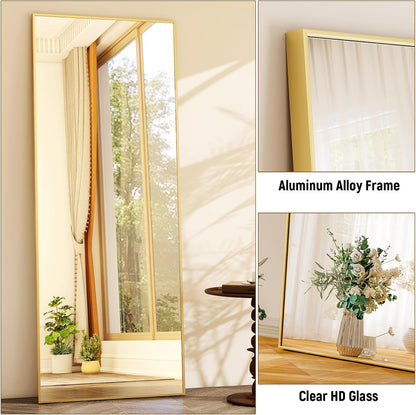 64"x21" Full-Length Freestanding or Leaning Rectangle Floor Mirror with Thin Aluminum Alloy Frame for Bedroom and Living Room, Gold Finish
