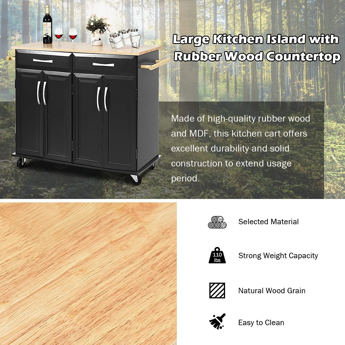 Kitchen Island Cart with Storage, Drawers, and Butcher Block Table
