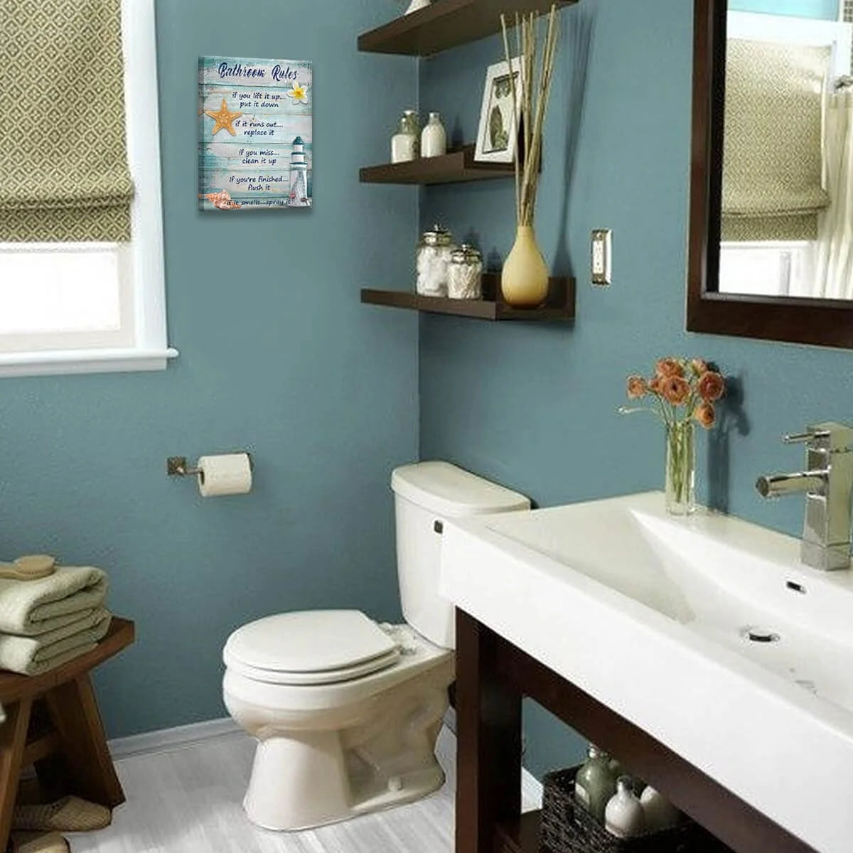 Rustic Beach Bathroom Wall Art – Seashells & Lighthouse Canvas Print, 12"x16", Farmhouse Ocean Decor