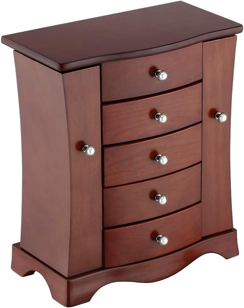 Elegant Solid Wood Jewelry Box with Tower-Style 4-Drawer Organizer, Dual Side Open Doors, and Large Mirror - Brown Finish