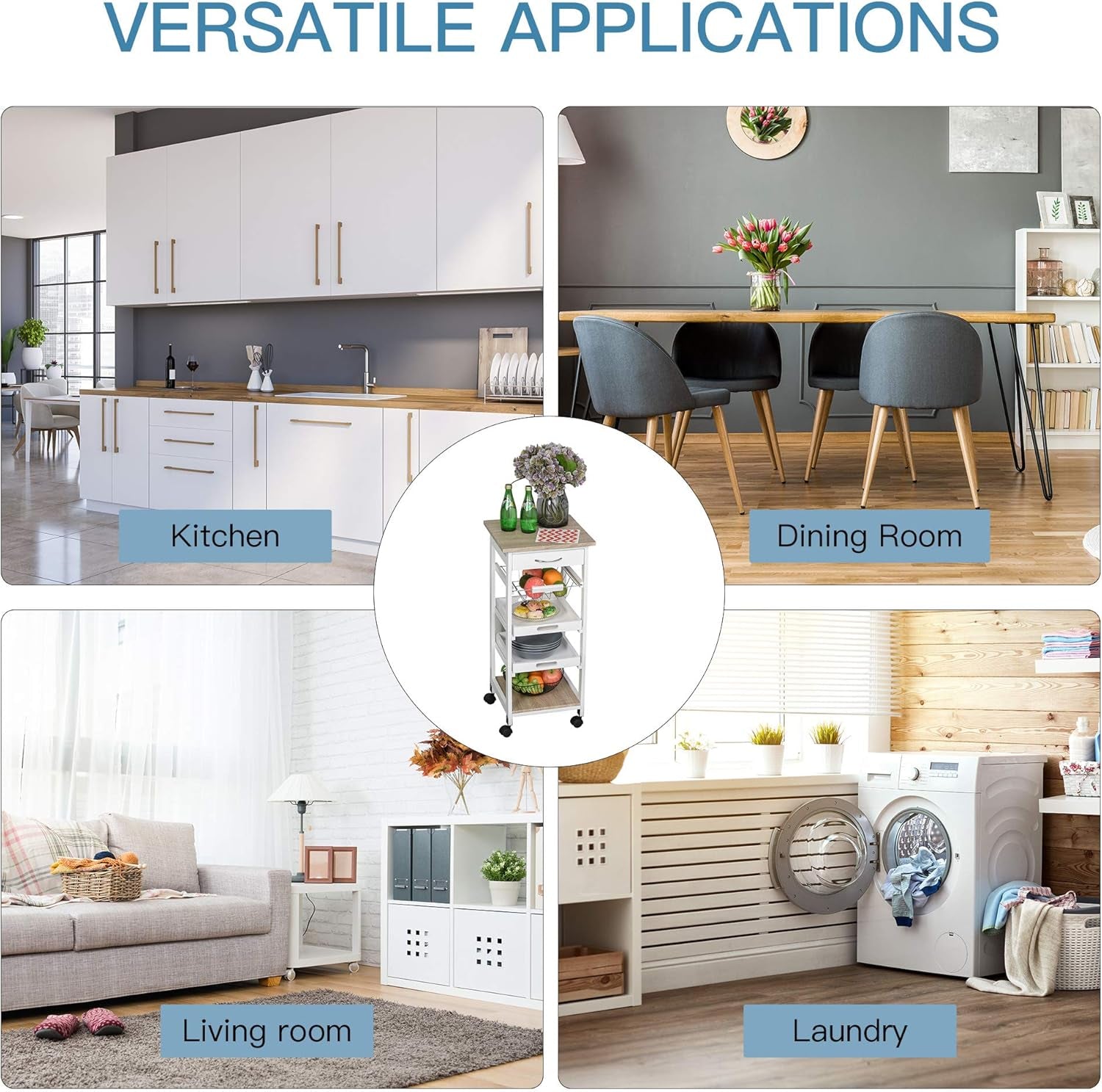 Rolling Kitchen Island Cart with Storage, Solid Wood Frame, Wire Fruit Baskets, Trays, and Drawer, White