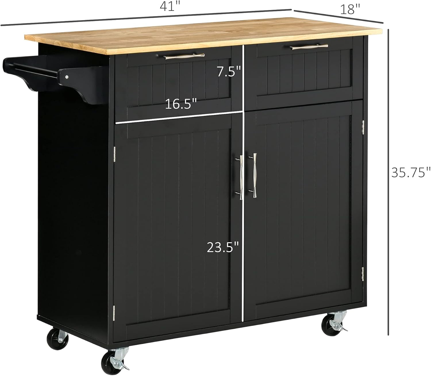  Rolling Kitchen Island Cart with Storage and Rubberwood Top