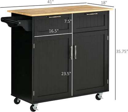  Rolling Kitchen Island Cart with Storage and Rubberwood Top