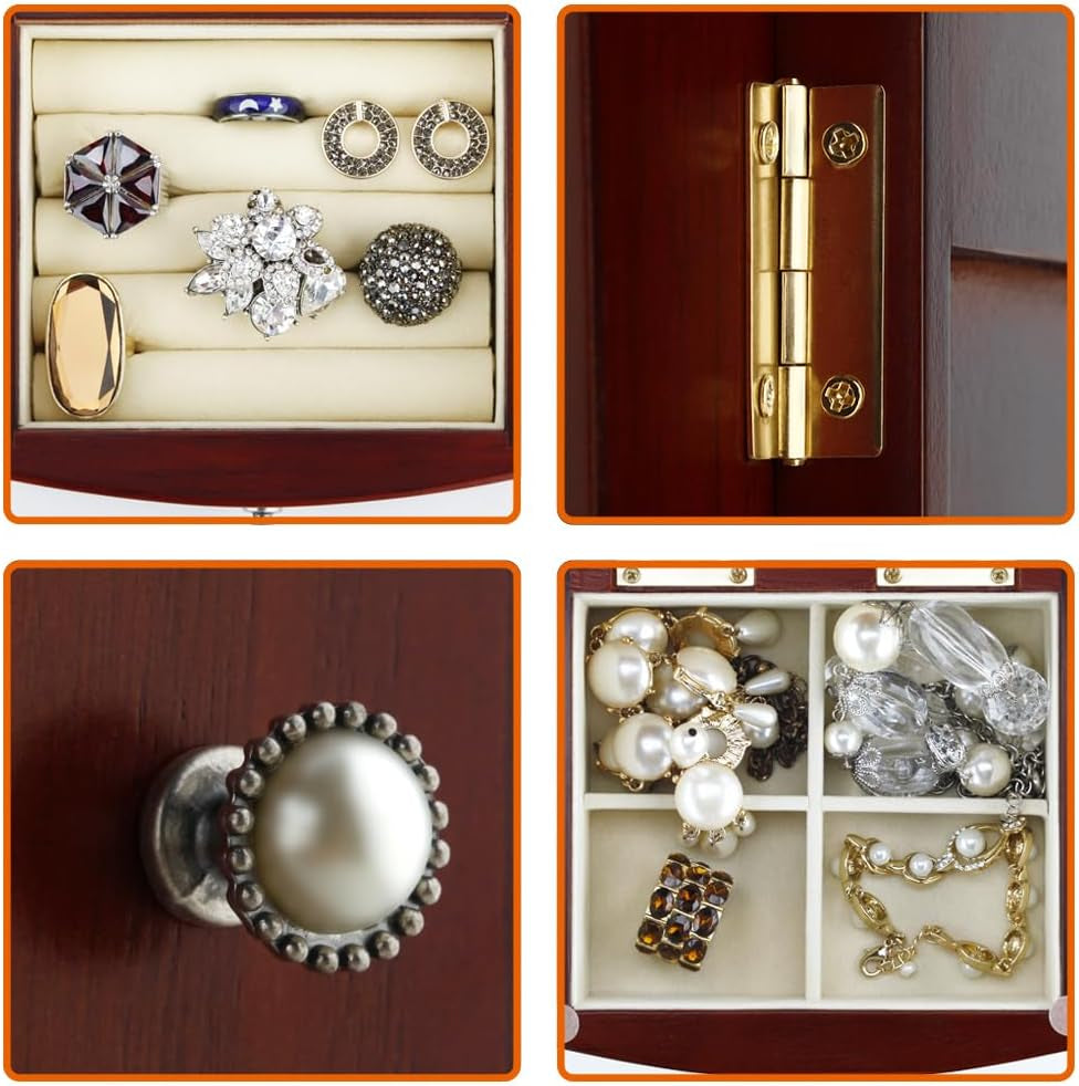 Elegant Solid Wood Jewelry Box with Tower-Style 4-Drawer Organizer, Dual Side Open Doors, and Large Mirror - Brown Finish
