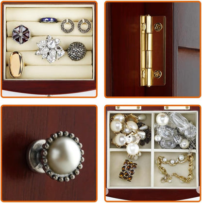 Elegant Solid Wood Jewelry Box with Tower-Style 4-Drawer Organizer, Dual Side Open Doors, and Large Mirror - Brown Finish
