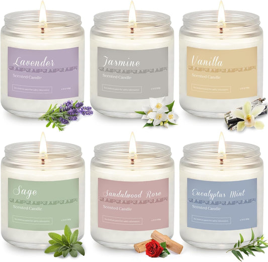 Aromatherapy Scented Candle Gift Set - 6-Pack with 300-Hour Burn Time, Featuring Lavender, Jasmine, Vanilla, Sage, Sandalwood, Rose, and Eucalyptus Mint - Perfect for Gifting to Women