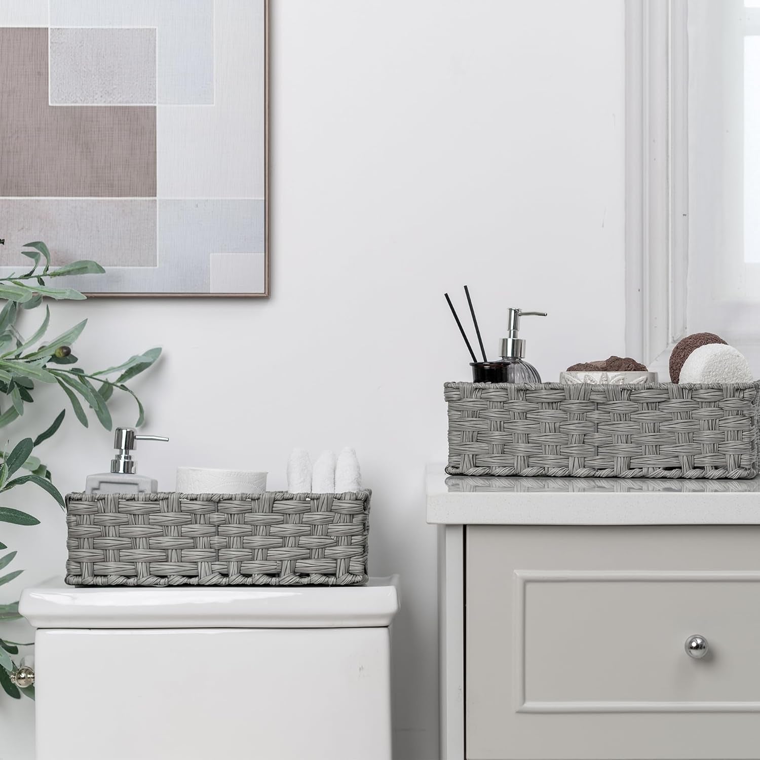 Set of 2 Gray Wicker Toilet Tank Trays – Compact Bathroom Storage