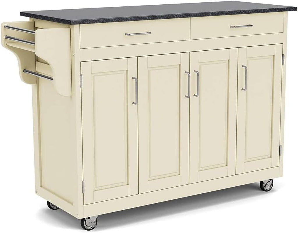 Home Styles Mobile Create-A-Cart Kitchen Cart with Black Granite Top and Four-Door Cabinet in White Finish, Featuring Adjustable Shelving