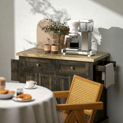 Rolling Kitchen Island Cart with Rubberwood Top, Adjustable Shelves, Drawers, Spice Rack, and Towel Rack in Brown Oak Finish
