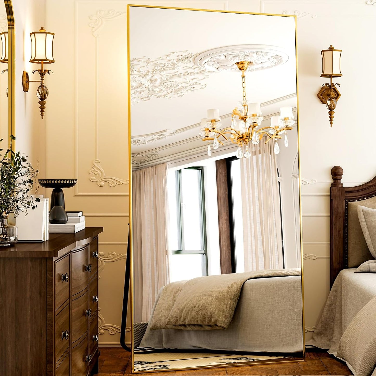 64"x21" Full-Length Freestanding or Leaning Rectangle Floor Mirror with Thin Aluminum Alloy Frame for Bedroom and Living Room, Gold Finish
