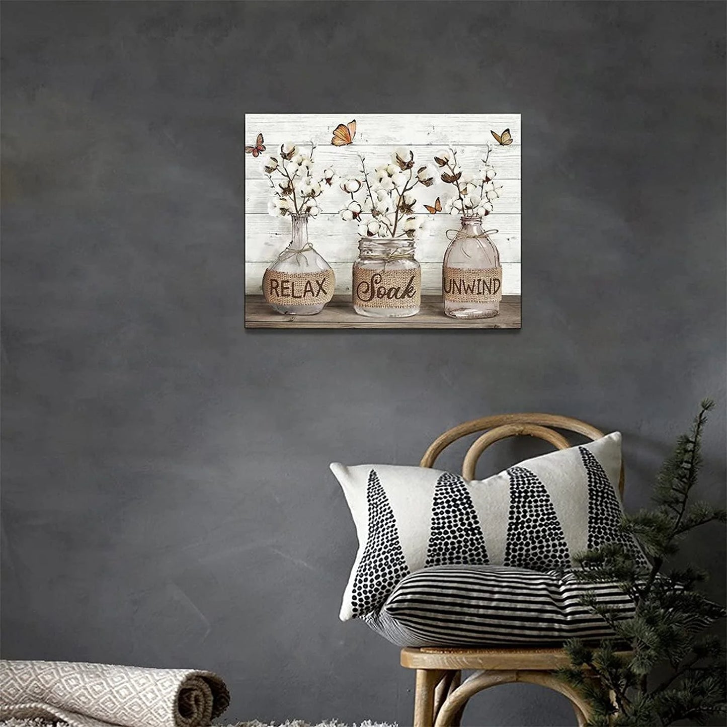 Cozy Farmhouse Bathroom Wall Art – ‘Relax, Soak & Unwind’ Cotton Canvas, 12x16 Framed