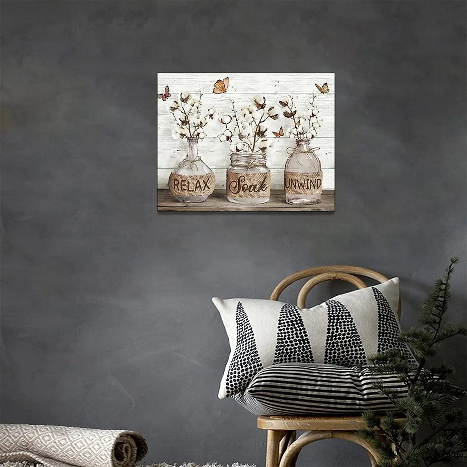 Cozy Farmhouse Bathroom Wall Art – ‘Relax, Soak & Unwind’ Cotton Canvas, 12x16 Framed