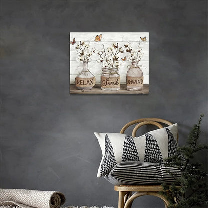 Cozy Farmhouse Bathroom Wall Art – ‘Relax, Soak & Unwind’ Cotton Canvas, 12x16 Framed