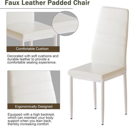 5-Piece Dining Table Set with Faux Marble Top and Faux Leather Upholstered Chairs, Ideal for Kitchen, Breakfast Nook, and Dining Room, White and Beige, 47.25" L x 27.56" W x 30.1" H
