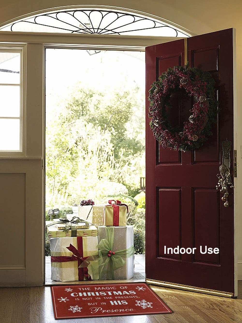 Red Christmas Doormat - Decorative Holiday Welcome Mat with Snowflake Design for Indoor/Outdoor Use, Non-Slip, 17x29 Inches