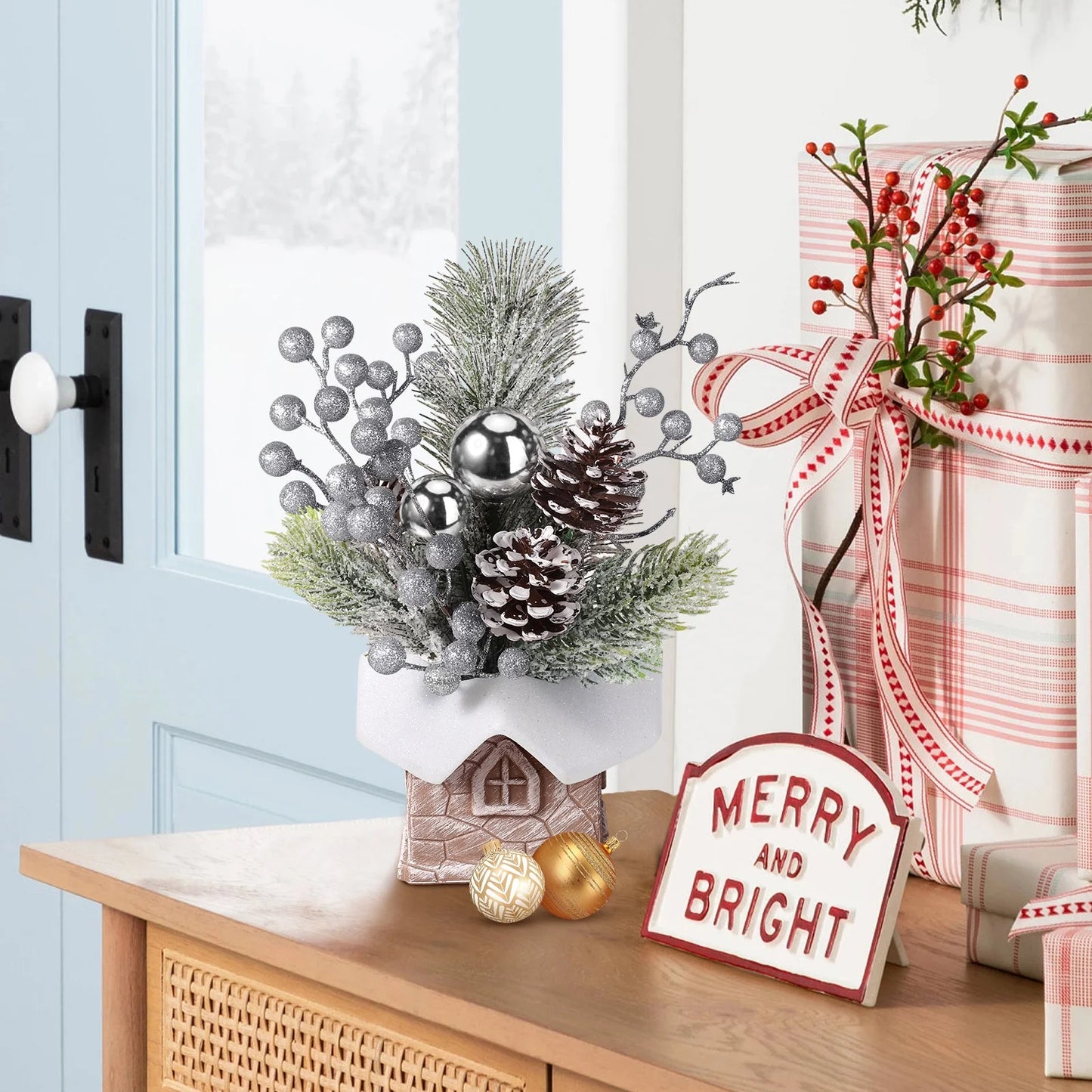 Miniature Silver Christmas Tree with Ornaments 