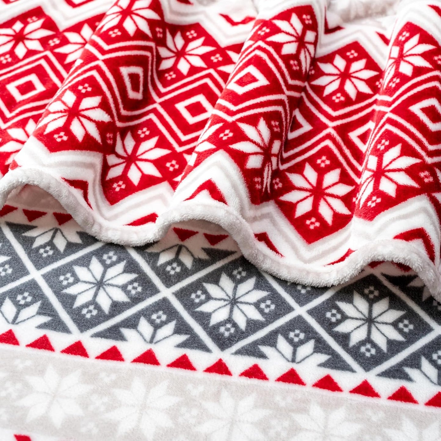 Holiday Red Fleece Throw Blanket | Soft and Plush Winter Cabin Blanket with Reindeer or Snowflake Design 