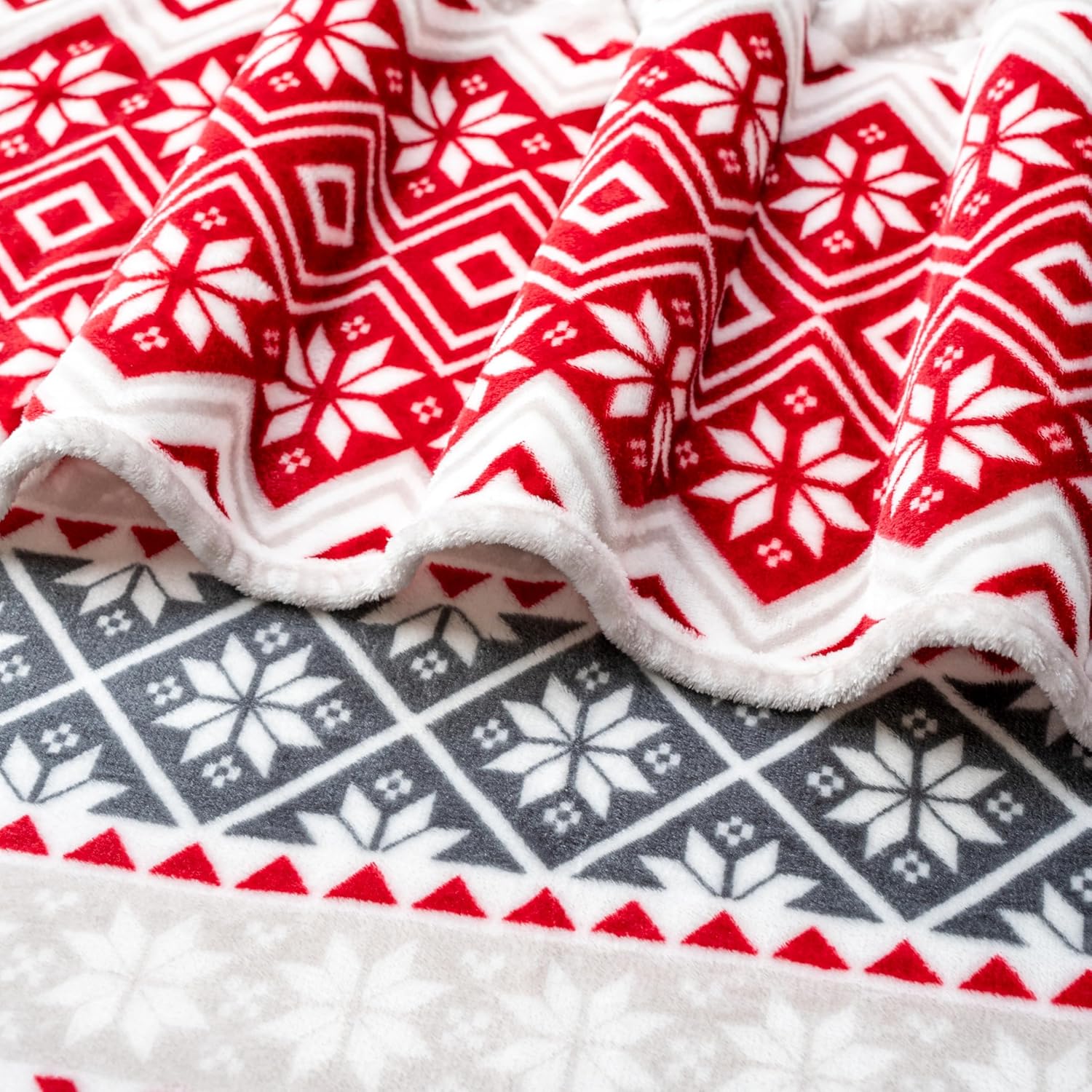 Holiday Red Fleece Throw Blanket | Soft and Plush Winter Cabin Blanket with Reindeer or Snowflake Design 
