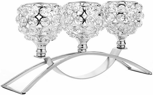 Elegant Silver Crystal 3-Arm Candle Holders - Unique Bling Tea Light Centerpiece
