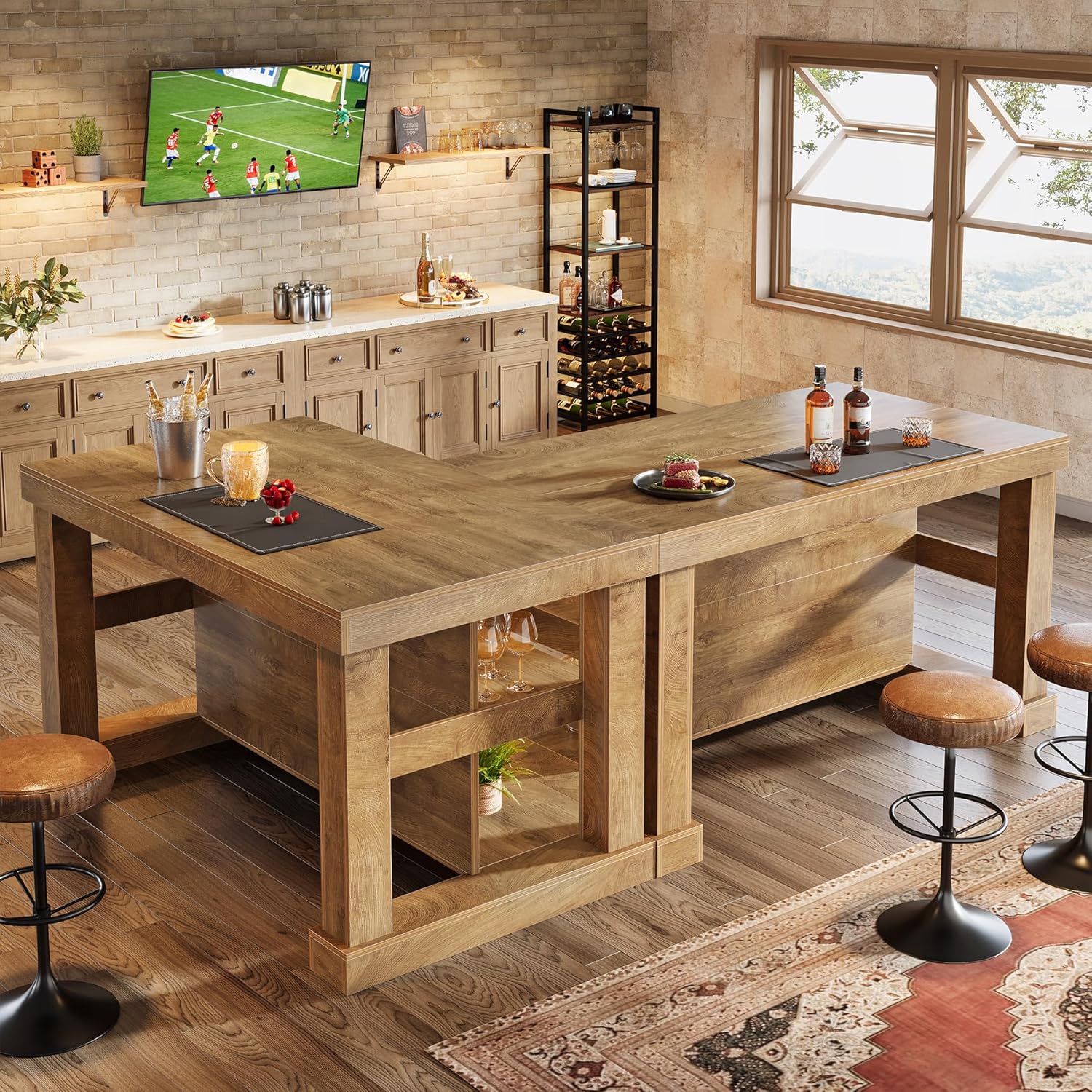 55-Inch Kitchen Island with Seating and Storage, 3-Tier Farmhouse Wood Stationary Table with Ample Worktop and Legroom, Coffee Bar Table with Storage Shelves in White and Brown