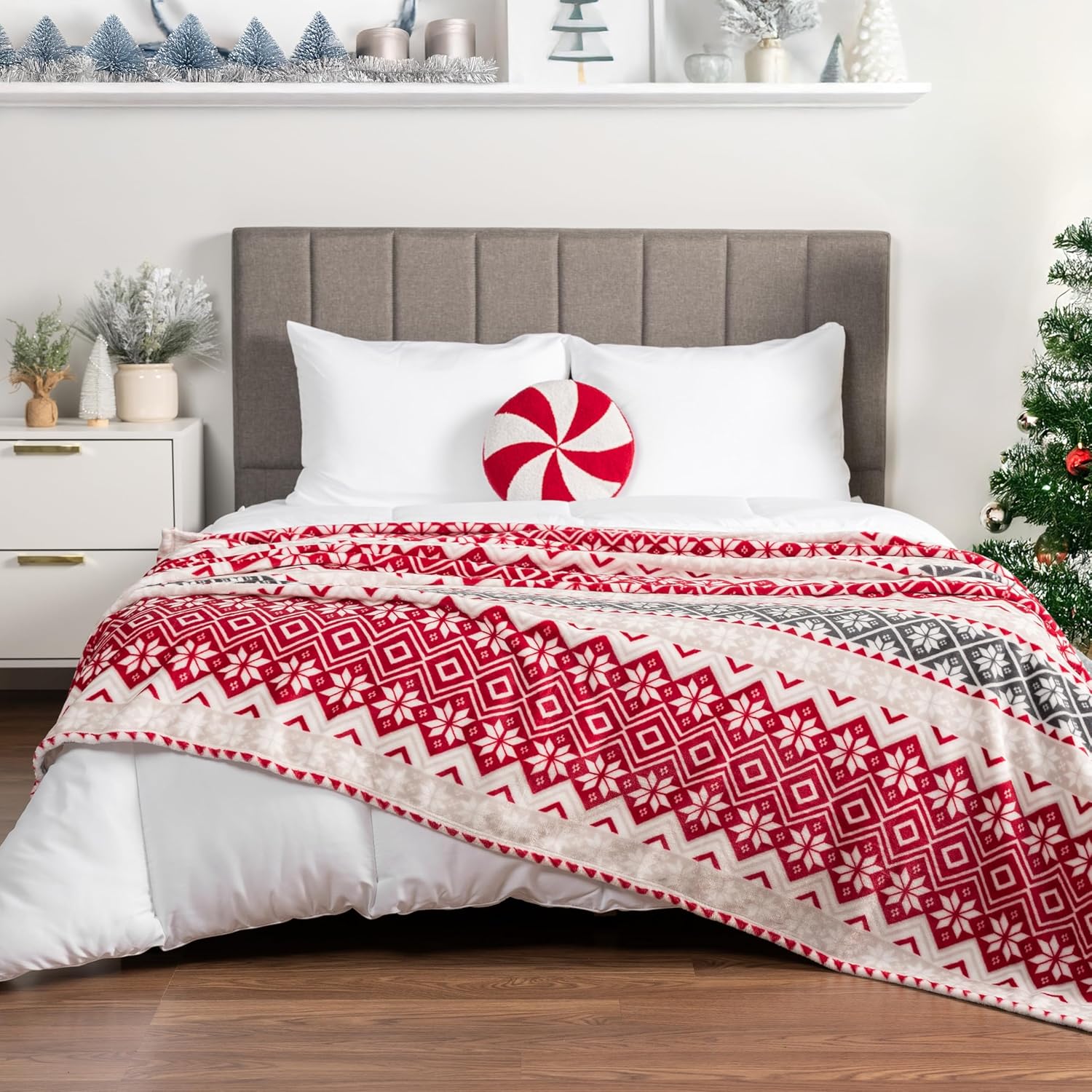 Holiday Red Fleece Throw Blanket | Soft and Plush Winter Cabin Blanket with Reindeer or Snowflake Design 