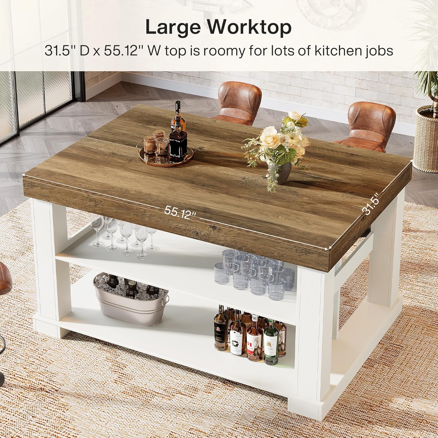 55-Inch Kitchen Island with Seating and Storage, 3-Tier Farmhouse Wood Stationary Table with Ample Worktop and Legroom, Coffee Bar Table with Storage Shelves in White and Brown