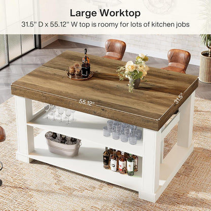 55-Inch Kitchen Island with Seating and Storage, 3-Tier Farmhouse Wood Stationary Table with Ample Worktop and Legroom, Coffee Bar Table with Storage Shelves in White and Brown