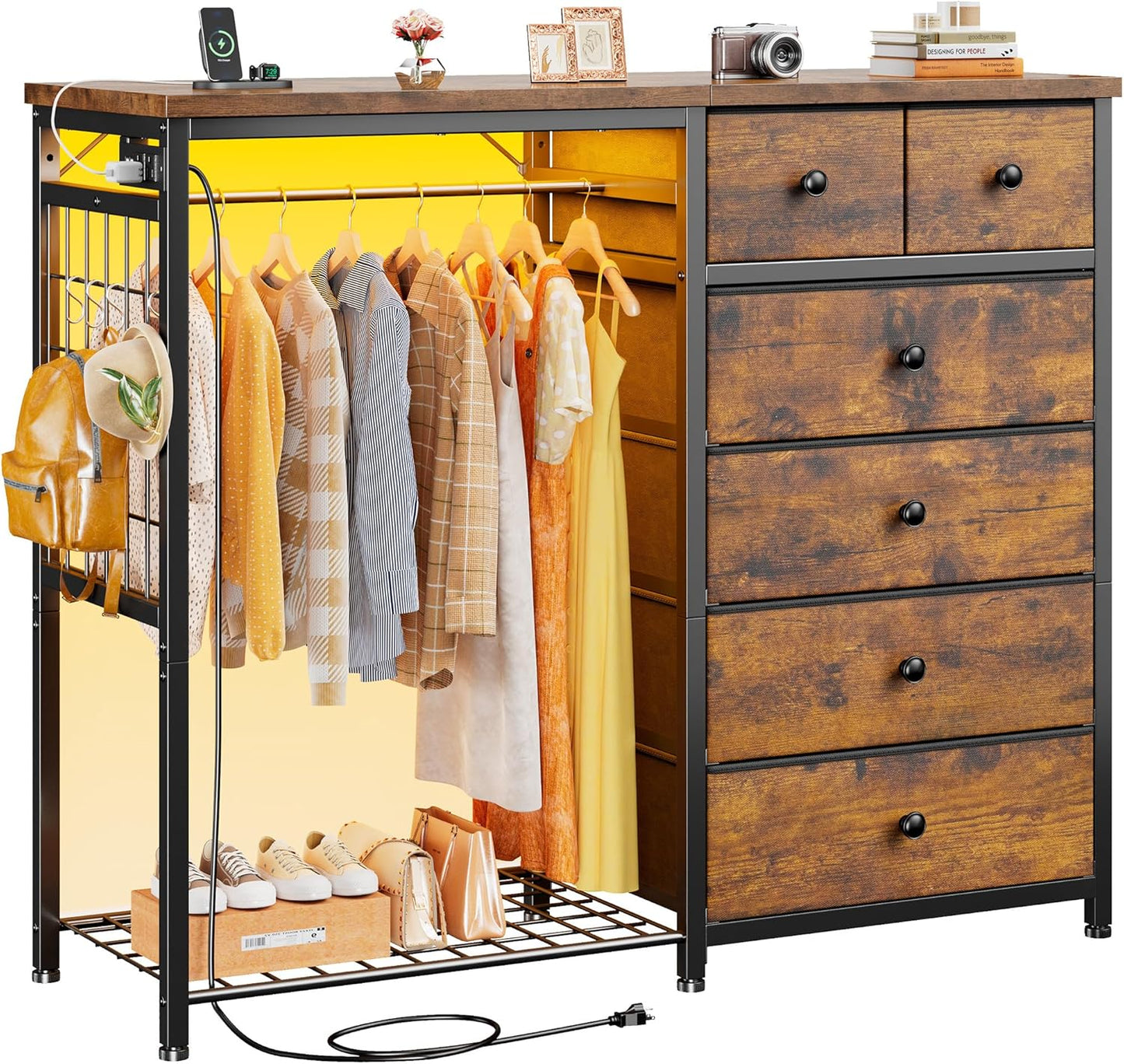 Stylish 49.2" Wide Dresser with Versatile Hanging Rack, Six Spacious Drawers, LED Lighting, and Charging Station - Perfect for Your Bedroom or Entryway in Rustic Brown Finish