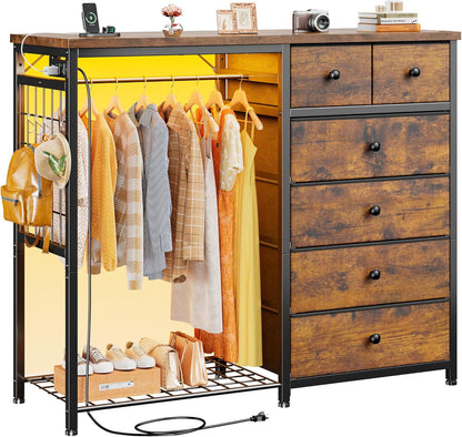 Stylish 49.2" Wide Dresser with Versatile Hanging Rack, Six Spacious Drawers, LED Lighting, and Charging Station - Perfect for Your Bedroom or Entryway in Rustic Brown Finish