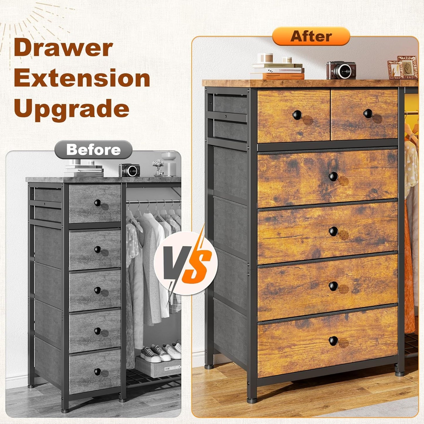 Stylish 49.2" Wide Dresser with Versatile Hanging Rack, Six Spacious Drawers, LED Lighting, and Charging Station - Perfect for Your Bedroom or Entryway in Rustic Brown Finish
