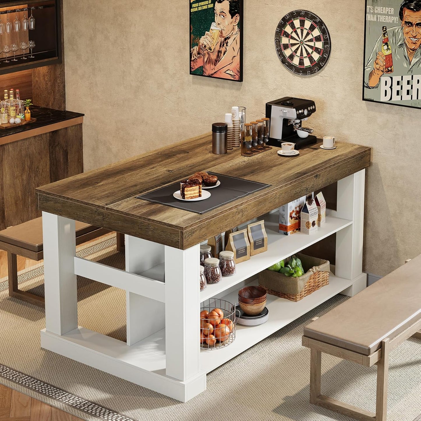 55-Inch Kitchen Island with Seating and Storage, 3-Tier Farmhouse Wood Stationary Table with Ample Worktop and Legroom, Coffee Bar Table with Storage Shelves in White and Brown