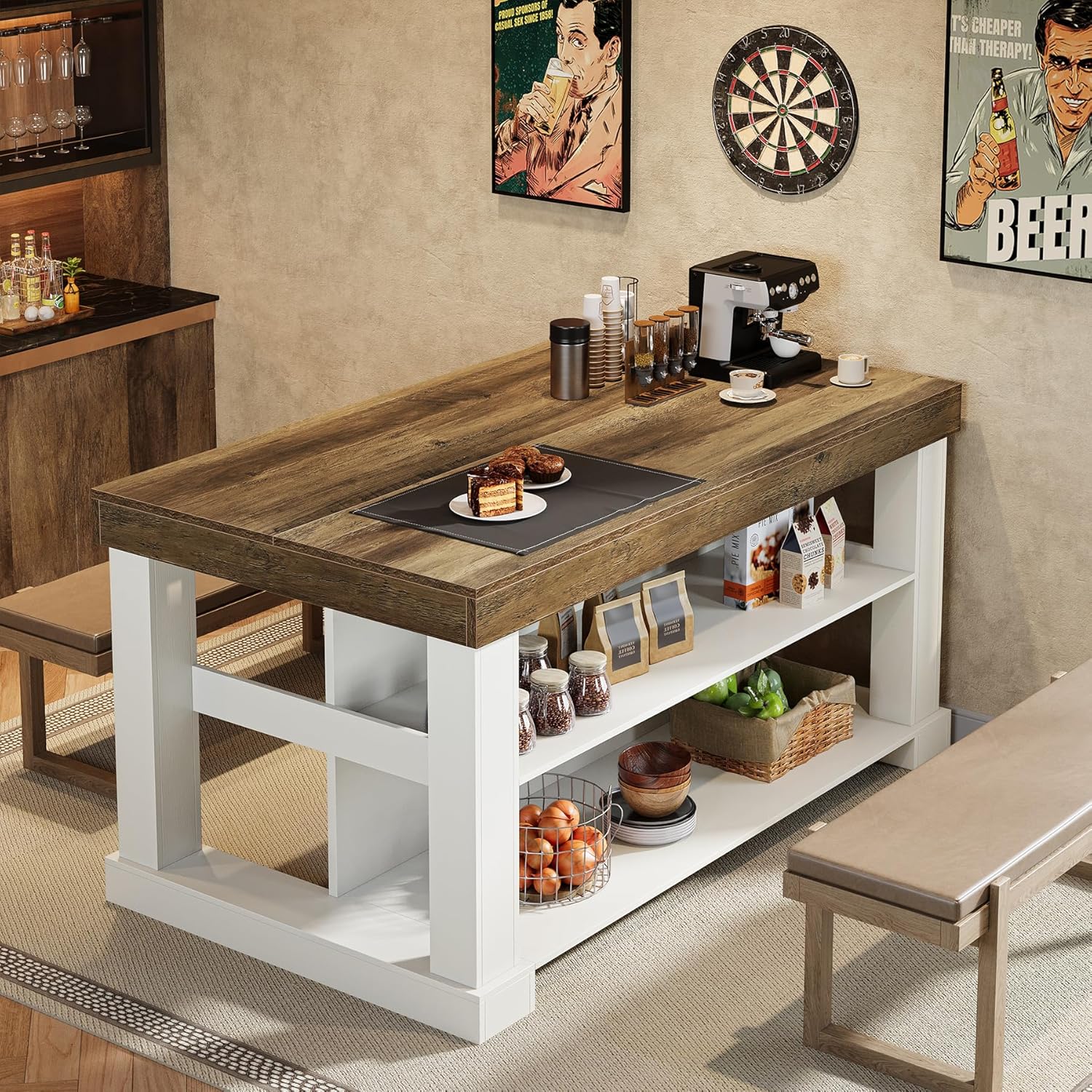 55-Inch Kitchen Island with Seating and Storage, 3-Tier Farmhouse Wood Stationary Table with Ample Worktop and Legroom, Coffee Bar Table with Storage Shelves in White and Brown