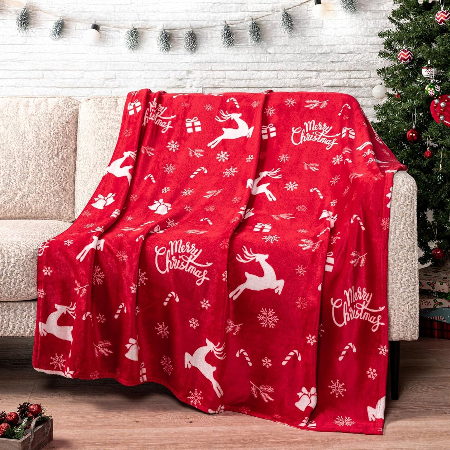 Holiday Red Fleece Throw Blanket | Soft and Plush Winter Cabin Blanket with Reindeer or Snowflake Design 