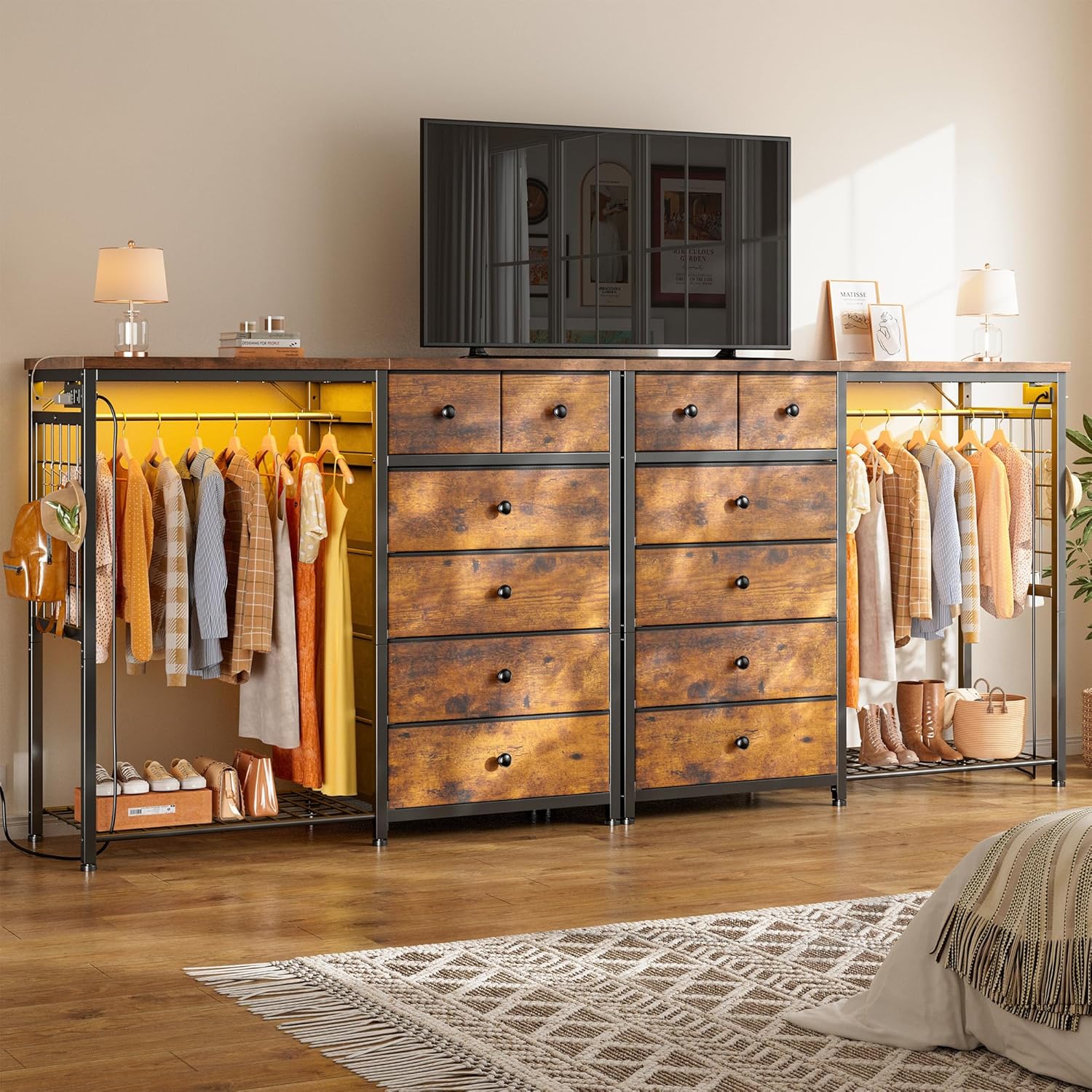 Stylish 49.2" Wide Dresser with Versatile Hanging Rack, Six Spacious Drawers, LED Lighting, and Charging Station - Perfect for Your Bedroom or Entryway in Rustic Brown Finish