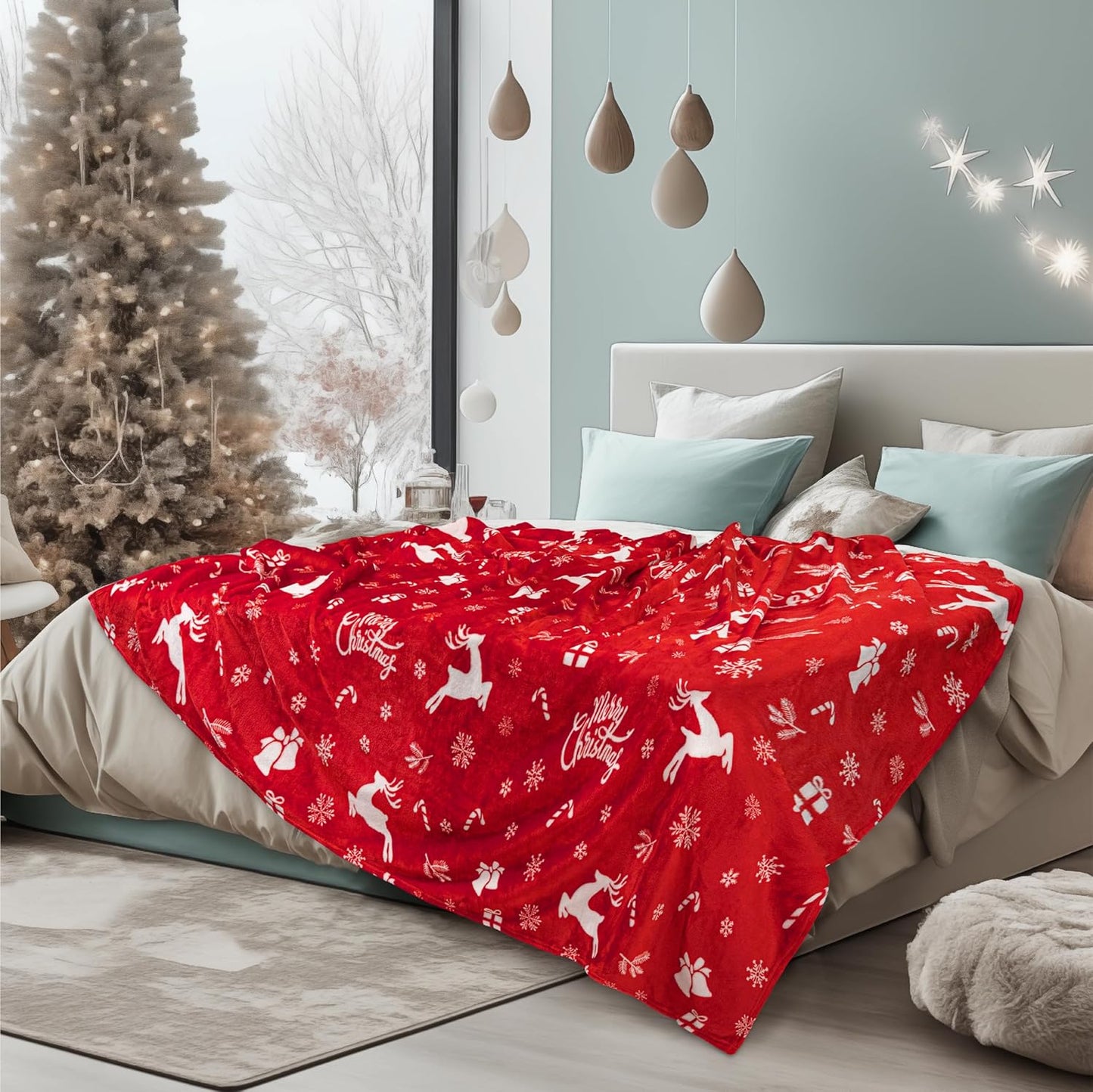 Holiday Red Fleece Throw Blanket | Soft and Plush Winter Cabin Blanket with Reindeer or Snowflake Design 