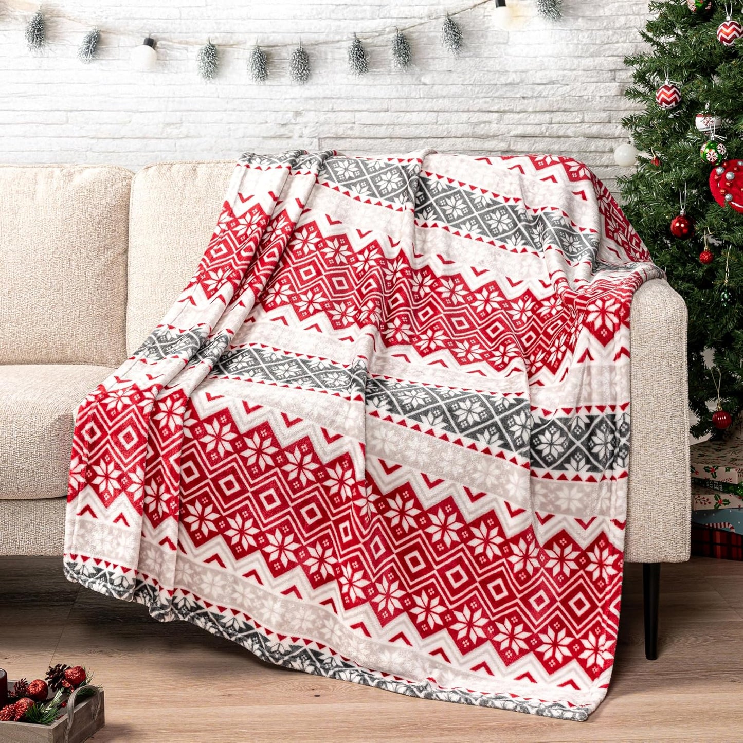 Holiday Red Fleece Throw Blanket | Soft and Plush Winter Cabin Blanket with Reindeer or Snowflake Design 