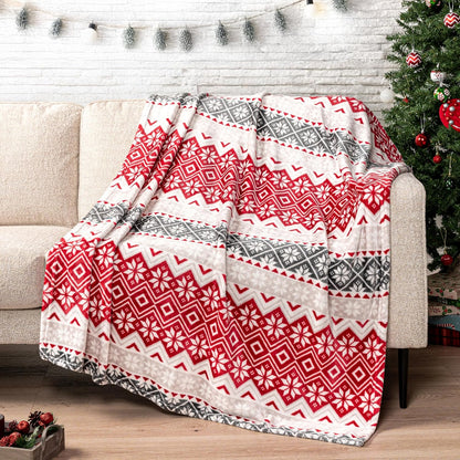 Holiday Red Fleece Throw Blanket | Soft and Plush Winter Cabin Blanket with Reindeer or Snowflake Design 