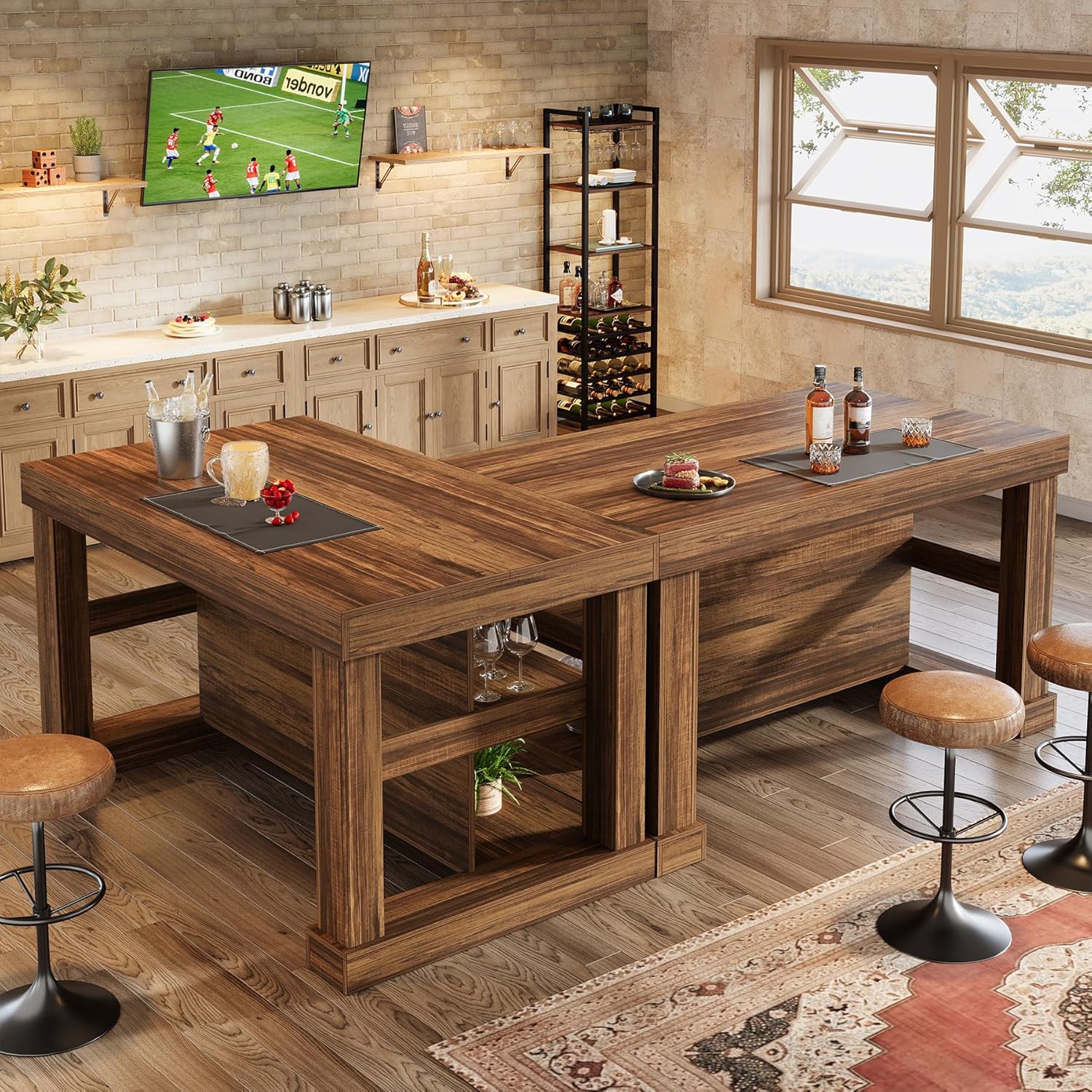 55-Inch Kitchen Island with Seating and Storage, 3-Tier Farmhouse Wood Stationary Table with Ample Worktop and Legroom, Coffee Bar Table with Storage Shelves in White and Brown