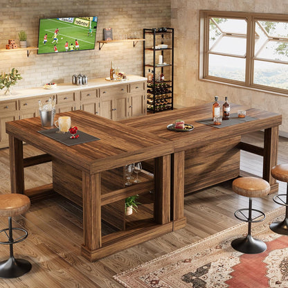 55-Inch Kitchen Island with Seating and Storage, 3-Tier Farmhouse Wood Stationary Table with Ample Worktop and Legroom, Coffee Bar Table with Storage Shelves in White and Brown