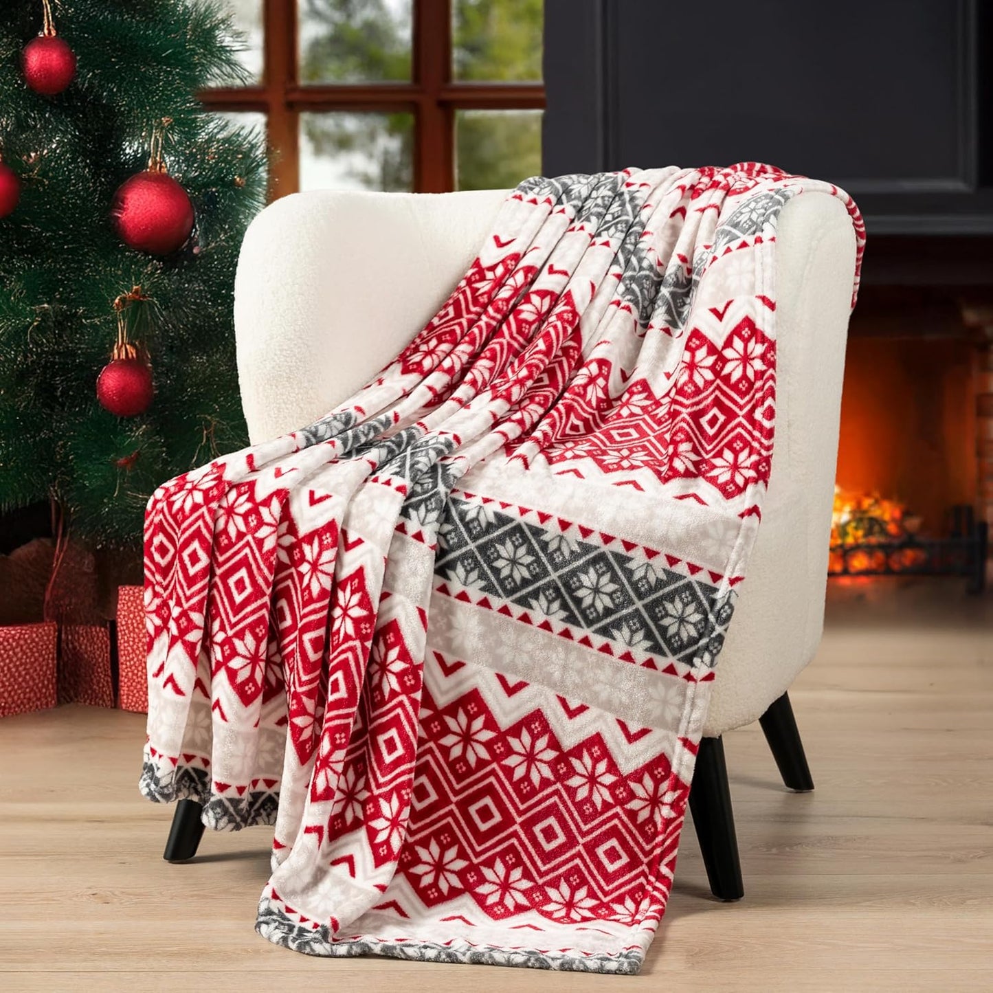 Holiday Red Fleece Throw Blanket | Soft and Plush Winter Cabin Blanket with Reindeer or Snowflake Design 