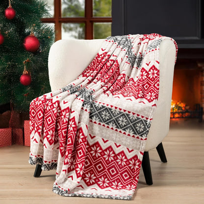 Holiday Red Fleece Throw Blanket | Soft and Plush Winter Cabin Blanket with Reindeer or Snowflake Design 