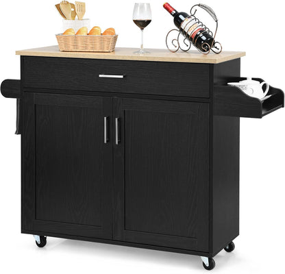 Mobile Kitchen Island Cart with Storage Cabinet, Spice Rack, Towel Rack, and Drawer in Grey