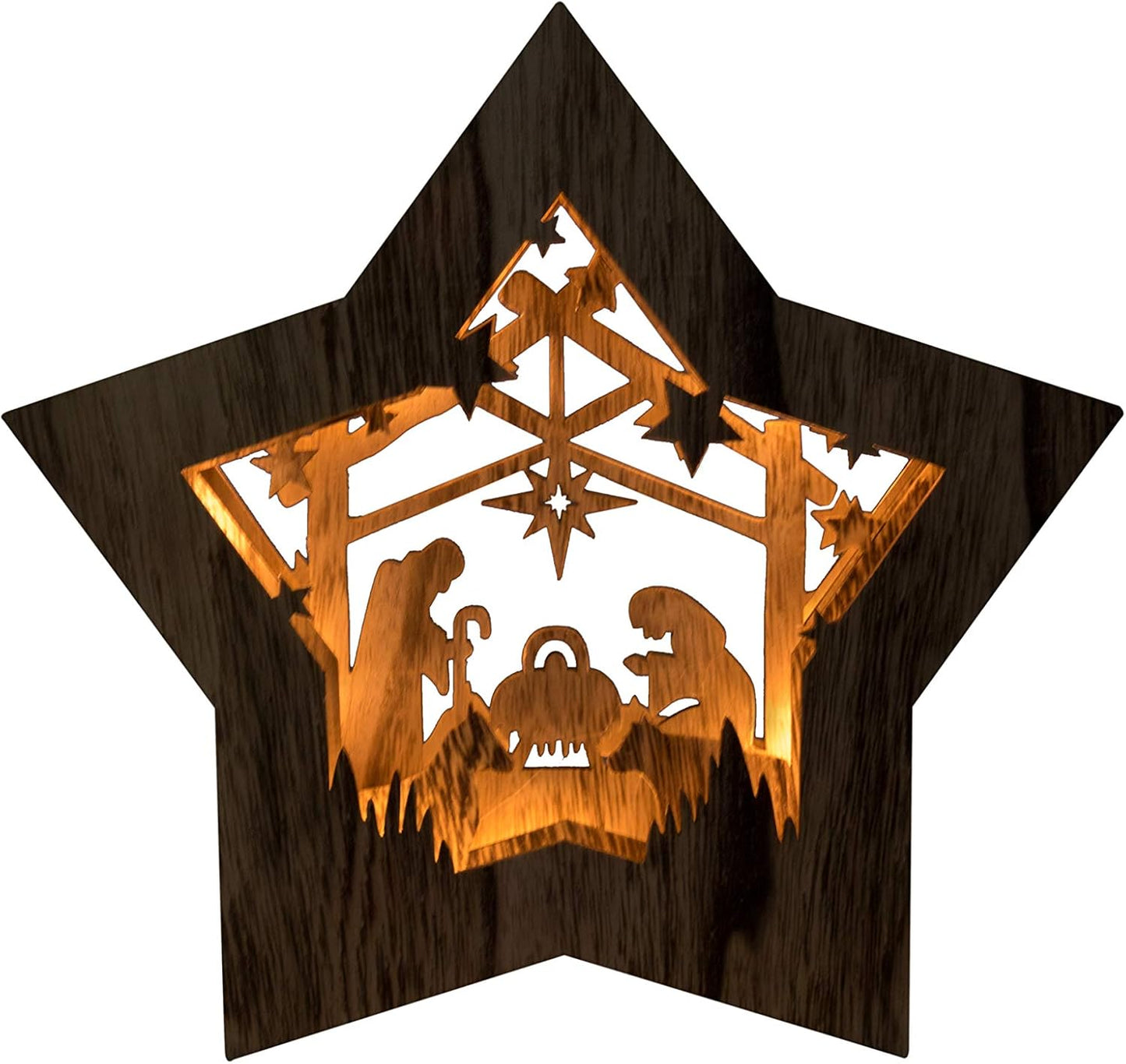 Wooden Star-Shaped Nativity Scene Christmas Ornament with LED Lighting 