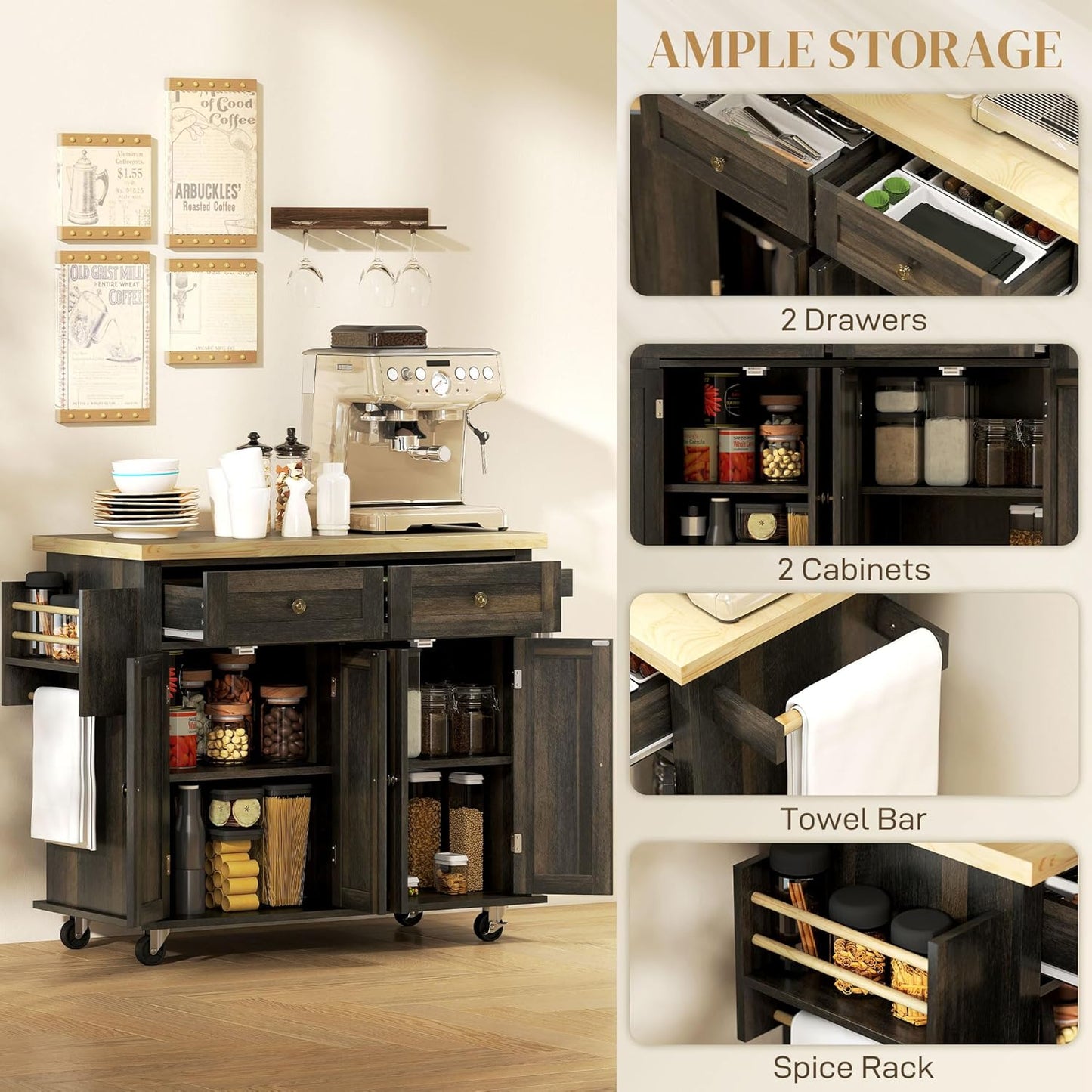 Rolling Kitchen Island Cart with Rubberwood Top, Adjustable Shelves, Drawers, Spice Rack, and Towel Rack in Brown Oak Finish