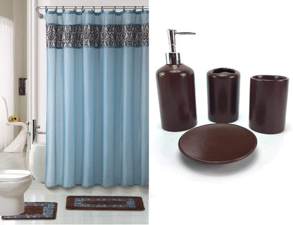 19-Piece Bathroom Set – Majestic Blue | Flocking Print Shower Curtain, Plush Rugs & Ceramic Accessories