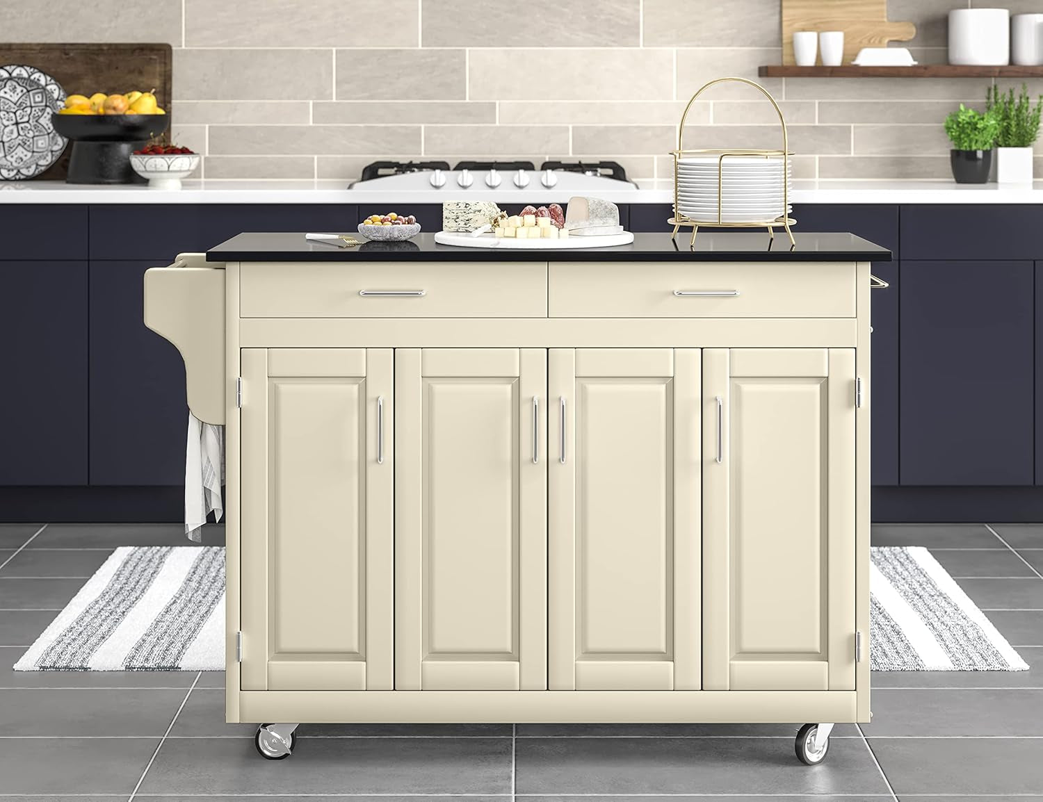 Home Styles Mobile Create-A-Cart Kitchen Cart with Black Granite Top and Four-Door Cabinet in White Finish, Featuring Adjustable Shelving