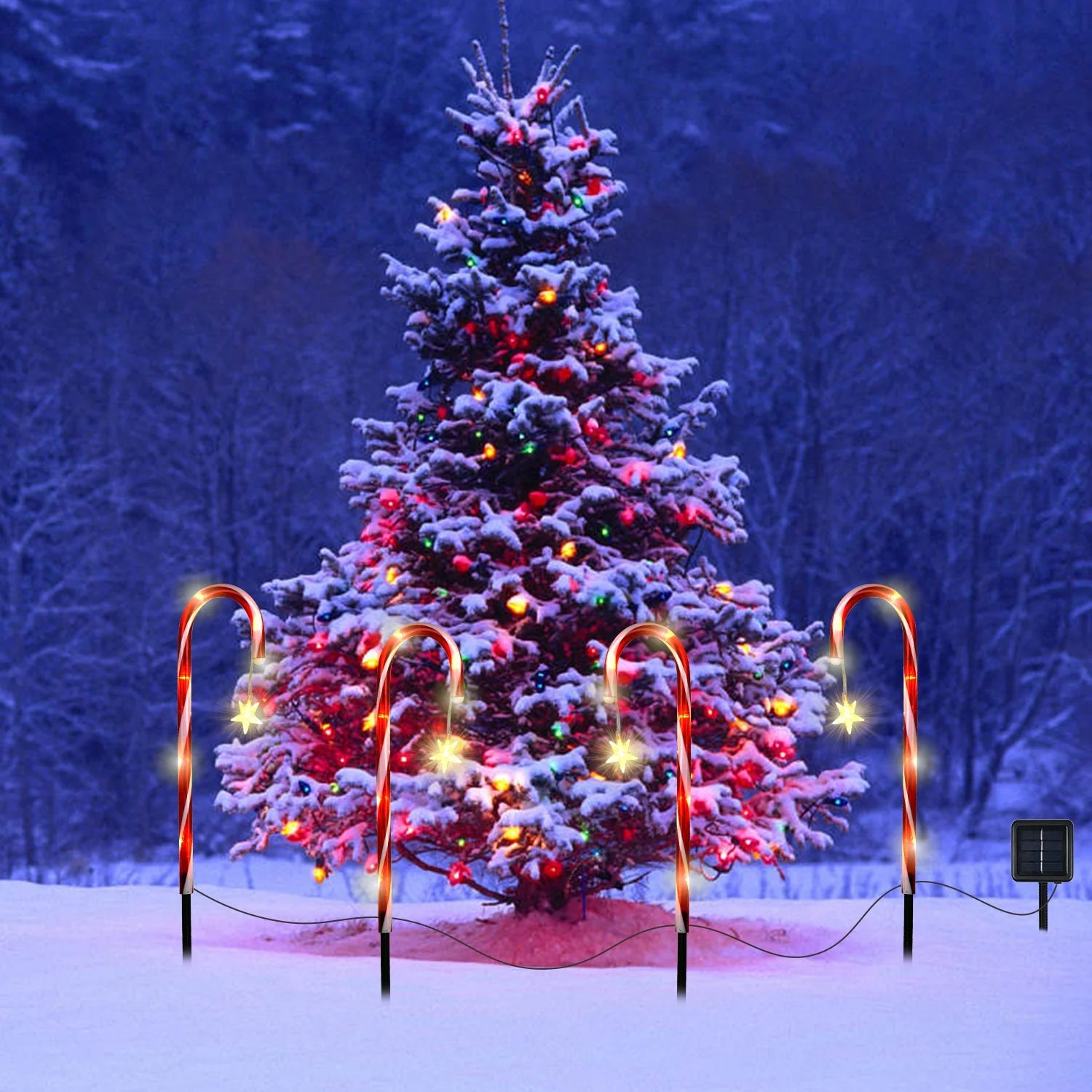 Solar-Powered Candy Cane Stake Lights - Set of 4 Outdoor Christmas Decorations for Pathway and Garden Holiday Decor